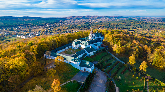 Bernardine Monastery on Karczówka in Kielce. Church of Saint Charles Borromeo. Aerial photography. Autumn photo.