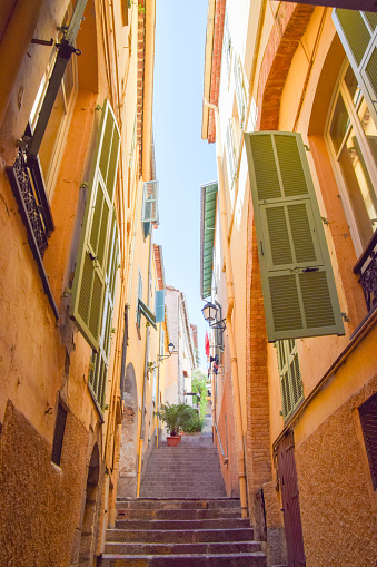 Villefranche-sur-Mer, France - August 4 2019: a street in the Old Town quarter.