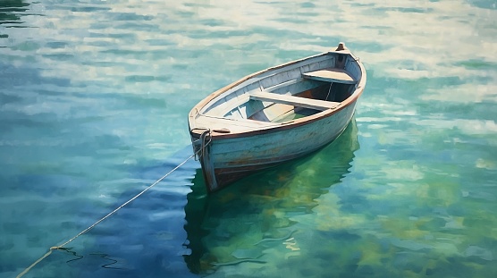 This image features a medium-sized boat docked to a wooden pier, with a tranquil body of water in the background