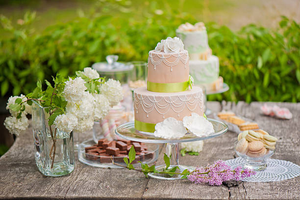 Sweet table in the garden. stock photo