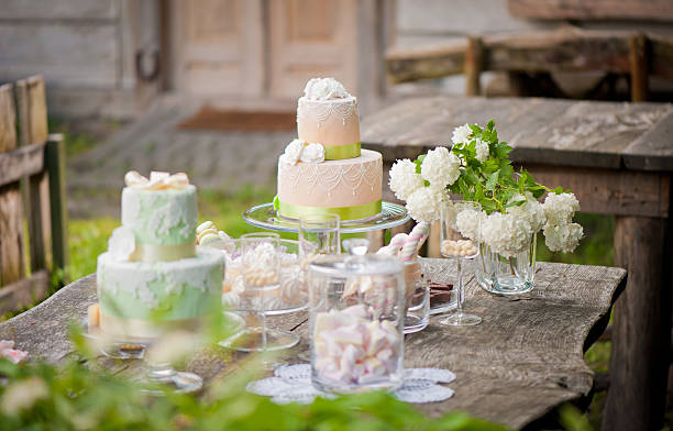 Two decorated cakes on the table. stock photo
