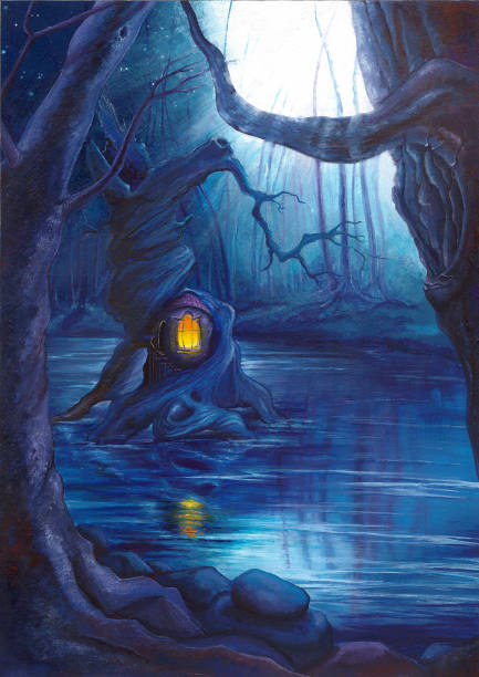 istock Fantasy forest at night with lit up tree house 179331583