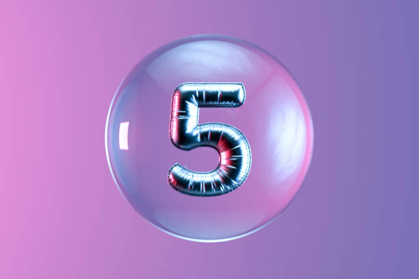 Number 5 balloon in glass sphere. Digitally generated image.