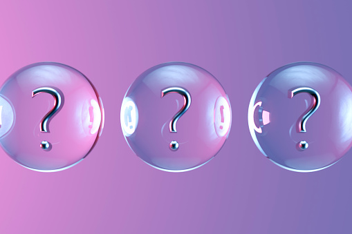 Question Mark in Glass Sphere. Brainstorming, business concept. Digitally generated image.