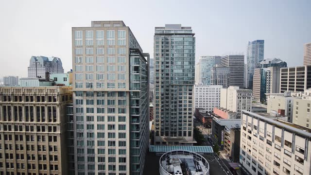 Aerial view of Downtown Vancouver skyline from an external elevator