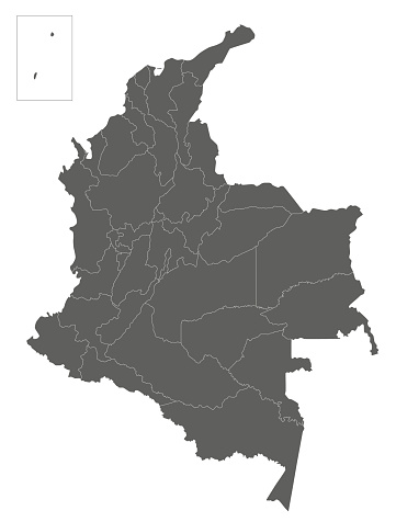 Vector blank map of Colombia with departments, capital region and administrative divisions. Editable and clearly labeled layers.