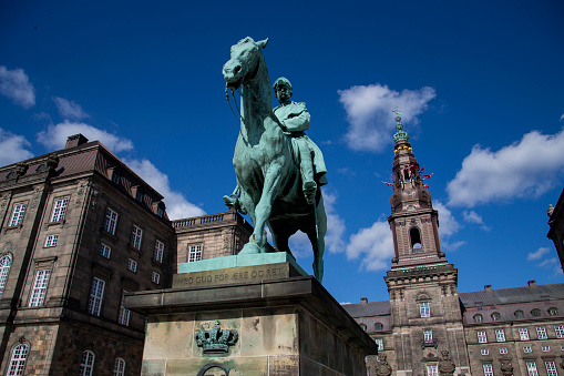 The equestrian statue of king Frederick VII in front of Christiansborg, Copenhagen, Denmark