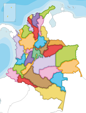Vector illustrated blank map of Colombia with departments, capital region and administrative divisions, and neighbouring countries. Editable and clearly labeled layers.
