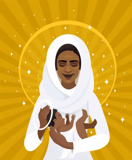 Vector illustration of Virgin Mary and Jesus Christ.