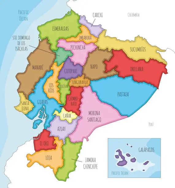 Vector illustration of Vector illustrated map of Ecuador with provinces and administrative divisions, and neighbouring countries. Editable and clearly labeled layers.