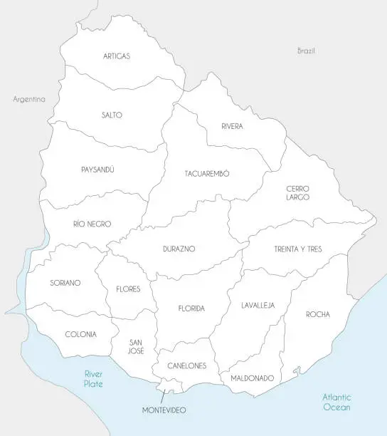 Vector illustration of Vector map of Uruguay with departments and administrative divisions, and neighbouring countries. Editable and clearly labeled layers.