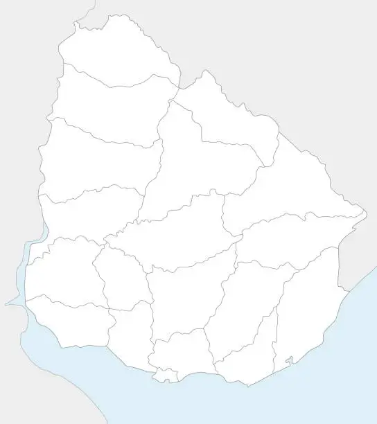Vector illustration of Vector blank map of Uruguay with departments and administrative divisions, and neighbouring countries. Editable and clearly labeled layers.