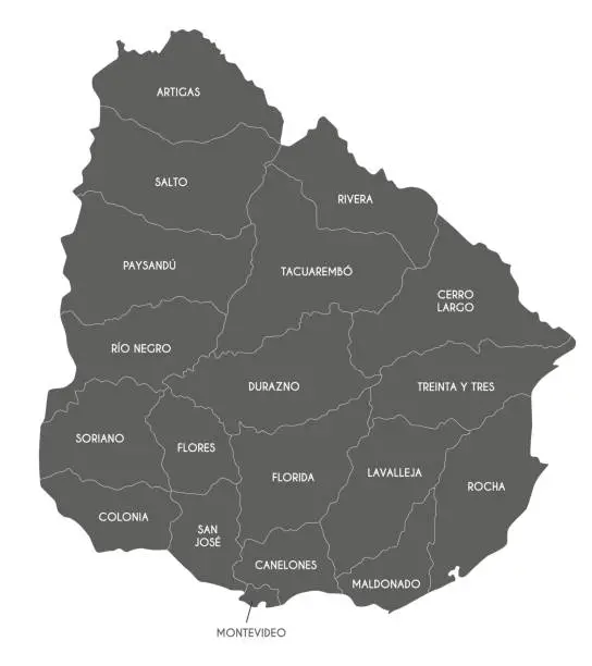 Vector illustration of Vector map of Uruguay with departments and administrative divisions. Editable and clearly labeled layers.