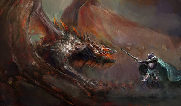 knight fighting the dragon vector art illustration