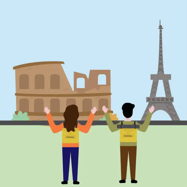 Vector illustration of Couple travelling in European countries Famous places and Looking views.