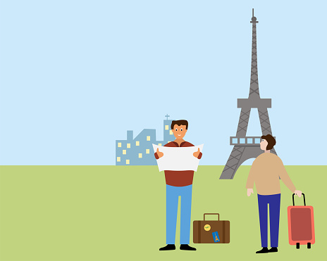 Young  male friends travelling in European countries and find famous locations in Paris on map. Looking views. flat vector illustration.