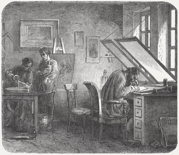 istock Engravers in the artist's workshop, wood engraving, published in 1876 179334946