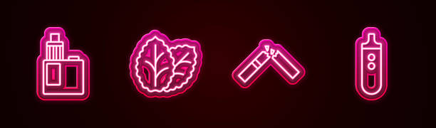 istock Set line Vape mod device, Tobacco leaf, Broken cigarette and Electronic. Glowing neon icon. Vector 1793352049