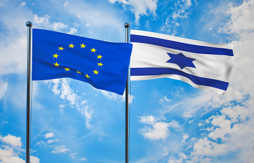 Israeli And European Union Flag on Sky