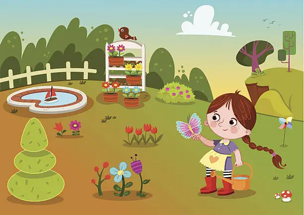 Vector illustration of Flower Garden And Girl