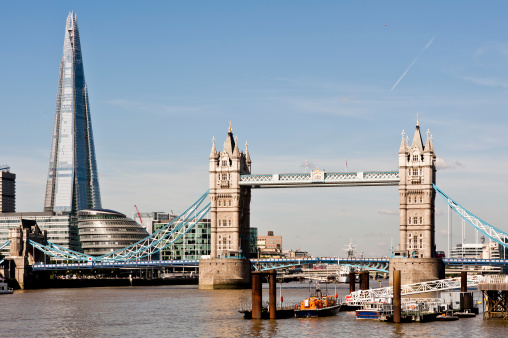 New London skyline with Tower Bridge and the new The Shard skyscraper by Renzo Piano. Shot in 2013