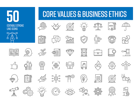 Core Values Line Icons. Editable Stroke Vector Icons Collection. Business Ethics, Morality, Trust, Honesty, Cooperation.
