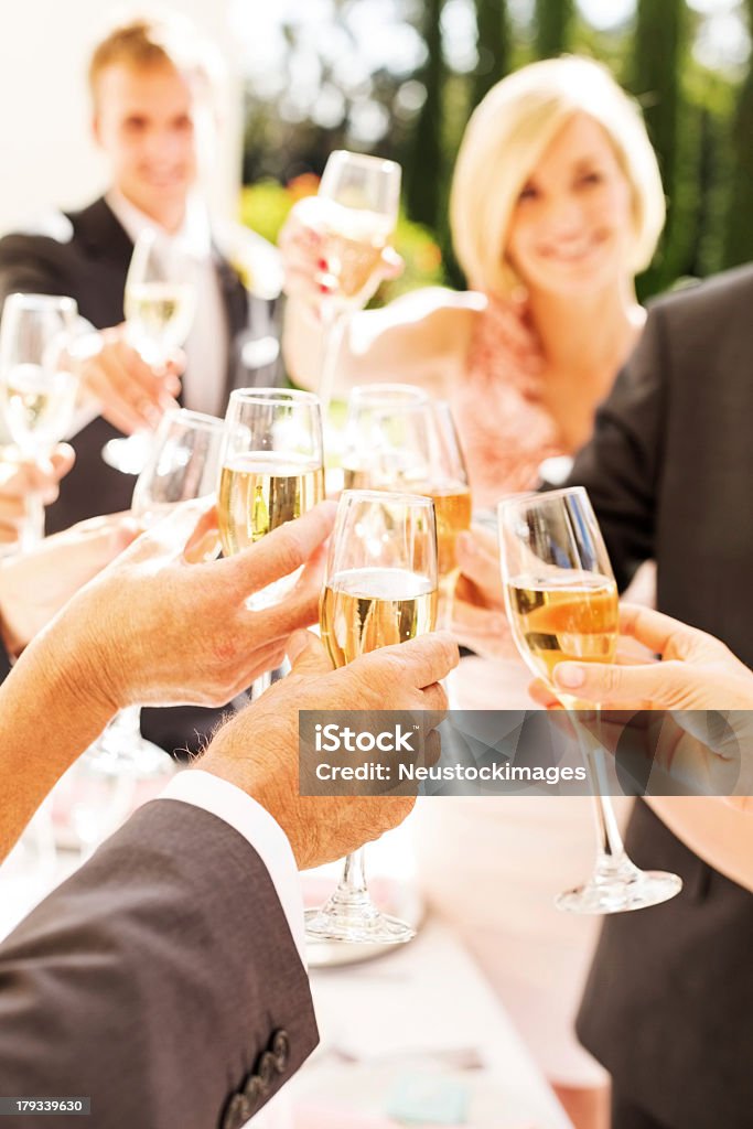 Guests And Couple Toasting Champagne Flutes During Reception Close-up of guests and newlywed couple toasting champagne flutes during wedding reception. Vertical shot. Bridesmaid Stock Photo