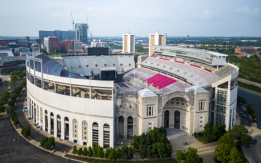 Houston, United States - April 13, 2023:  Aerial view of the front entrance of NRG Stadium, home to the NFL's Houston Texans, and home to the famed Houston Rodeo, shot from an altitude of about 600 feet overhead during a helicopter photo flight.