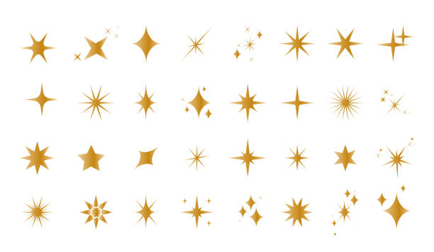 set von goldenen funkelnden sternsymbolen. stern png. goldener stern zu weihnachten. helles feuerwerk. hellgoldenes icon-set. blitz, glanz funkensymbol, blendung, blinkender stern. - glänzend stock-grafiken, -clipart, -cartoons und -symbole
