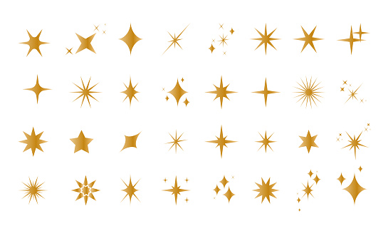 Set of golden sparkles star icons. Star png. Christmas golden star icon. Bright firework .Light gold icon set. Flash,shine sparkle icon,glare,blink star.