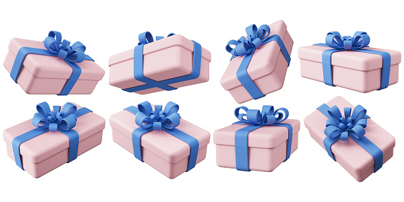 Pink cartoon gift boxes in various positions, illustrated in a plastic 3D style. 3d illustration.