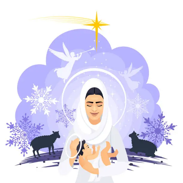 Vector illustration of The Birth of Christ. The Holy Child. Mother and child.