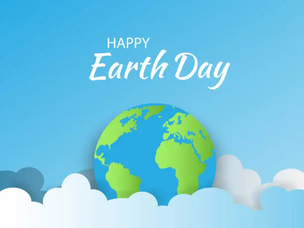 Vector illustration of Earth Day.Banner Earth Day with a planet Earth in the blue clouds. Paper cut or origami sky.World Earth Day BackgroundWorld saving,protection family and environment concept.Globe.Vector.