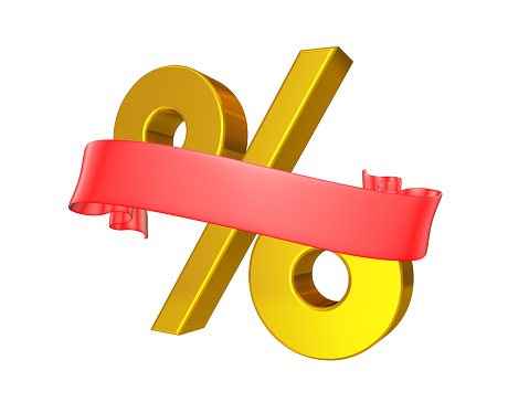 Gold Percentage Symbol in red ribbon on white