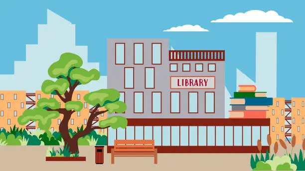 Vector illustration of city summer street with a modern library building surrounded by trees. Illustration of urban infrastructure in a flat style.