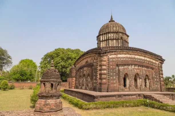 Photo of Ornately carved terracotta Hindu temple constructed in the 17th century Radhashyam mandir at bishnupur,west bengal India.