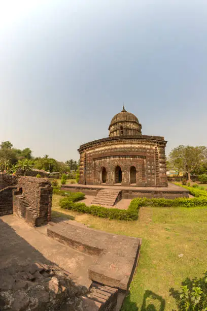 Photo of Ornately carved terracotta Hindu temple constructed in the 17th century Radhashyam mandir at bishnupur,west bengal India.