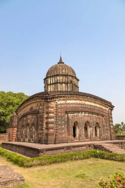 Photo of Ornately carved terracotta Hindu temple constructed in the 17th century Radhashyam mandir at bishnupur,west bengal India.