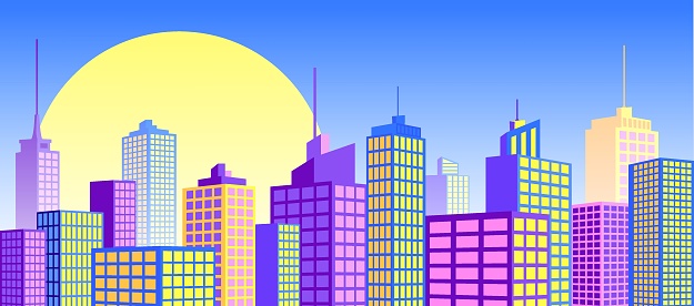 Panorama of a big city in flat style. Colorful vector illustration of a big city with tall houses and skyscrapers.