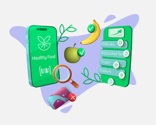 istock Mobile app for analyzing food products based on their content and ingredients. Smartphone, mobile app screen, fruit, soda, magnifying glass. Template for advertising landing, banner. Vector cartoon. 1793462081