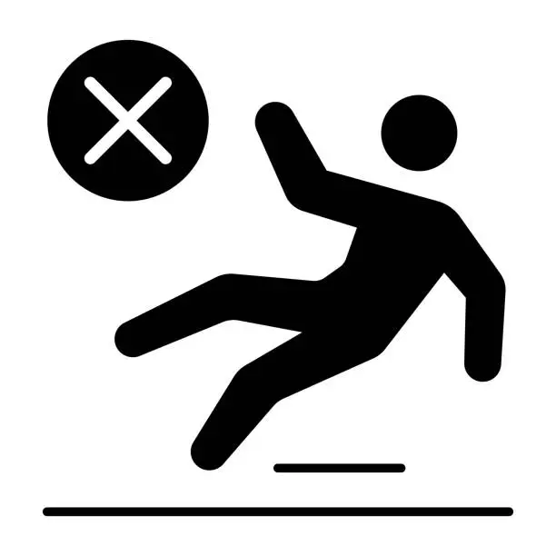 Vector illustration of No slippery surface solid icon, Safety engineering concept, Slippery floor surface warning sign on white background, man falls symbol in style for and web. Vector graphics.