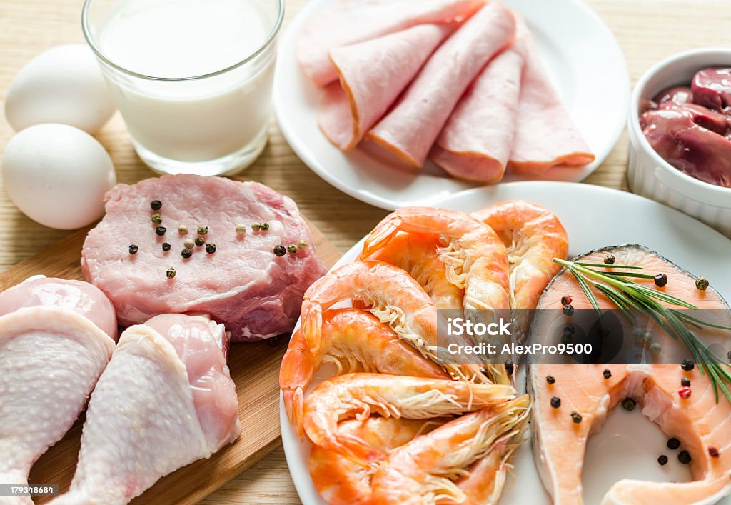 Various ingredients essential to a high protein diet Ingredients for protein diet Animal Digestive System Stock Photo