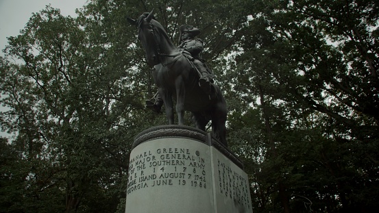 Greensboro, NC, USA - October 17, 2021:\nLow-angle shot of statue of Nathanael Green, Major General of the Southern Army\nGuilford County Military Park, North Carolina