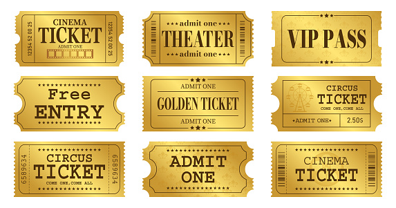 Vector set of golden ticket template. Invite ticket