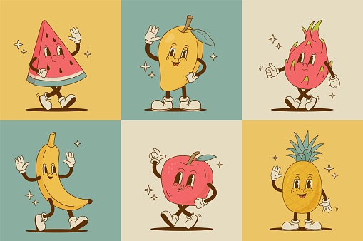 Set of retro cartoon fruit characters. Funny watermelon, pineapple, apple, mango, banana,  pitaya mascot. Vintage vector illustration. Nostalgia 70s, 80s