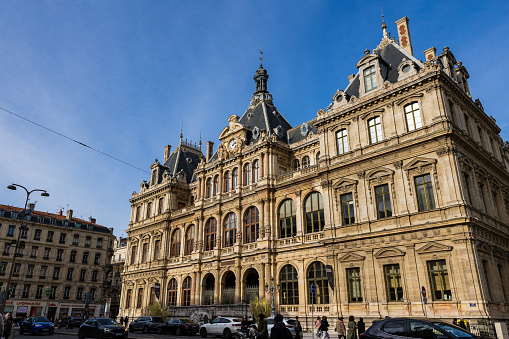 Facade on the Place de la Bourse side of the Palais de la Bourse in Lyon