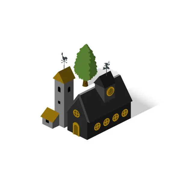 Vector illustration of Isometric European Town Buildings - European Village - Small Town -Destination Europe - Travel Spot - Locations - Places in Europe - European Architecture - Travel Rentals - Sheds - Church