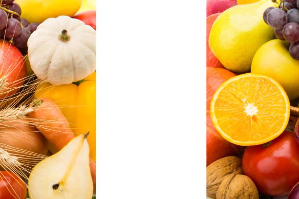 Set of vegetables and fruits isolated on a white background. Free space for text. Collage.
