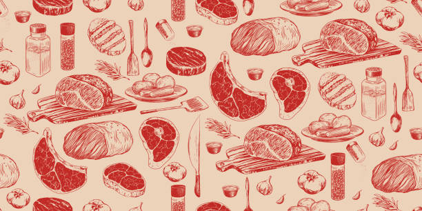 Seamless pattern with meat. Seamless pattern with meat. Sketch style steak. Hand drawn rib eye steak, pork ham. Roast beef on cutting board. Bone in rib eye steak. Grilled meat. Spice jars, knife, kitchen utensils. Kitchenware meat stock illustrations