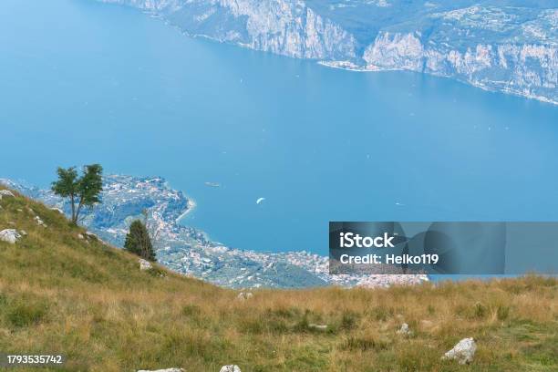 Breathtaking View From The Top Of Monte Baldo To The Blue Lake Garda In Italy Stock Photo - Download Image Now
